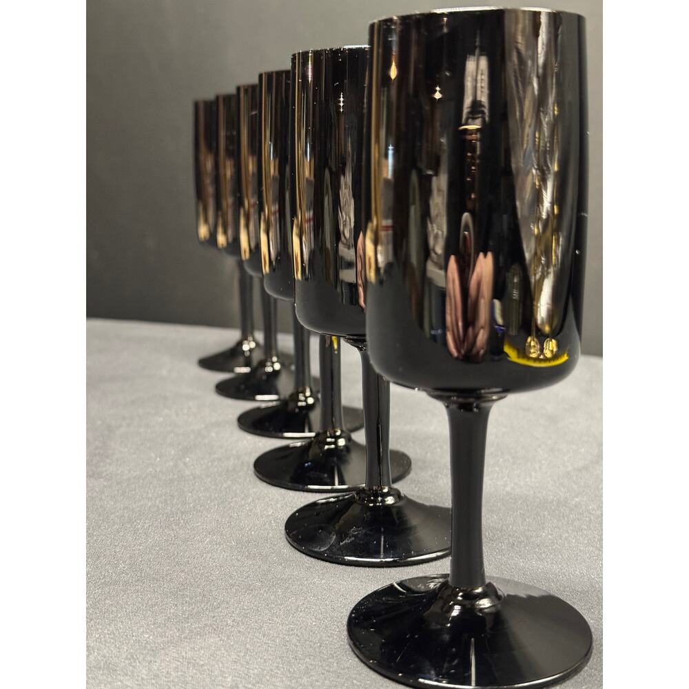 Set of 6 Vintage Hand-Blown Black Wine/Cocktail Glasses – 6" Tall